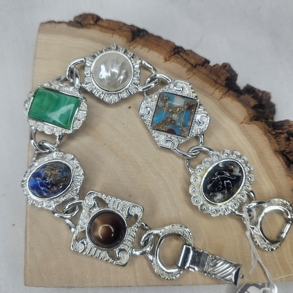 Vintage Sarah Coventry Egyptian Revival Scarab Bracelet Silver Tone Multi-Stone